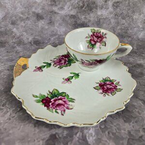 Set of 7 Snack Plates and Matching Cups Pink Rose Pattern Gold Accents Vintage